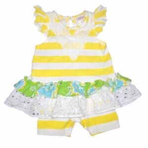 3/6 Peaches n Cream Boutique Baby Girls Yellow White Lace Tunic Shorts Outfit